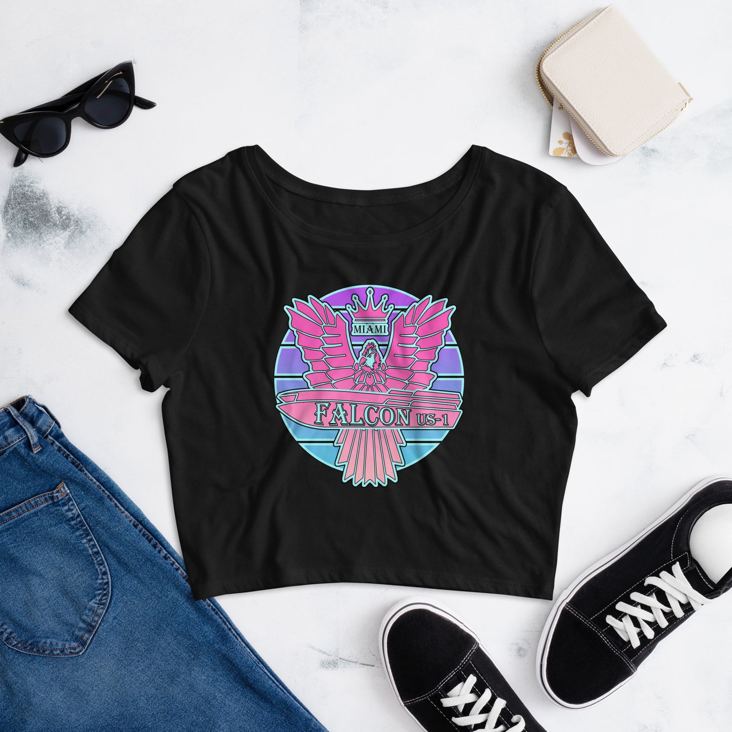 Women’s Crop Tee - Falcon US-1 Retro Pink Sunburst Logo