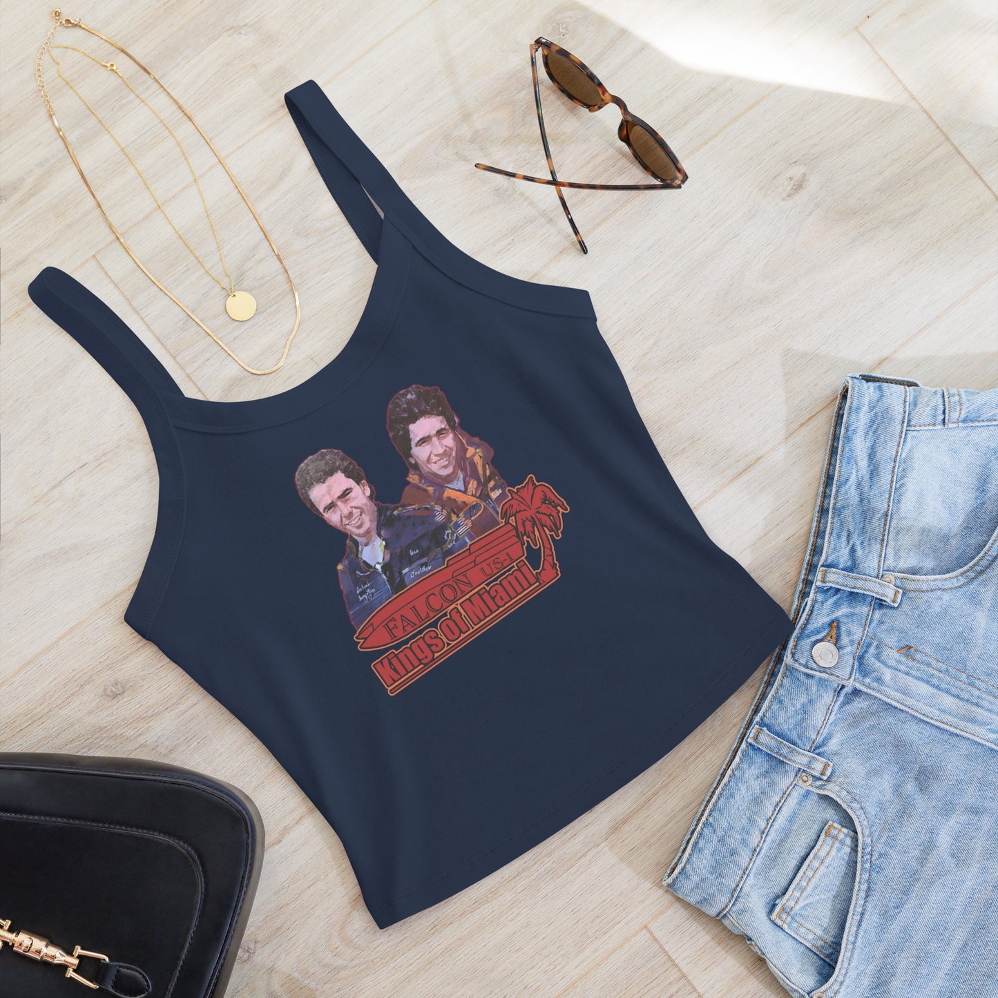 Women’s micro-rib tank top- Willy and Tavy Falcon with boat -Kings of Miami