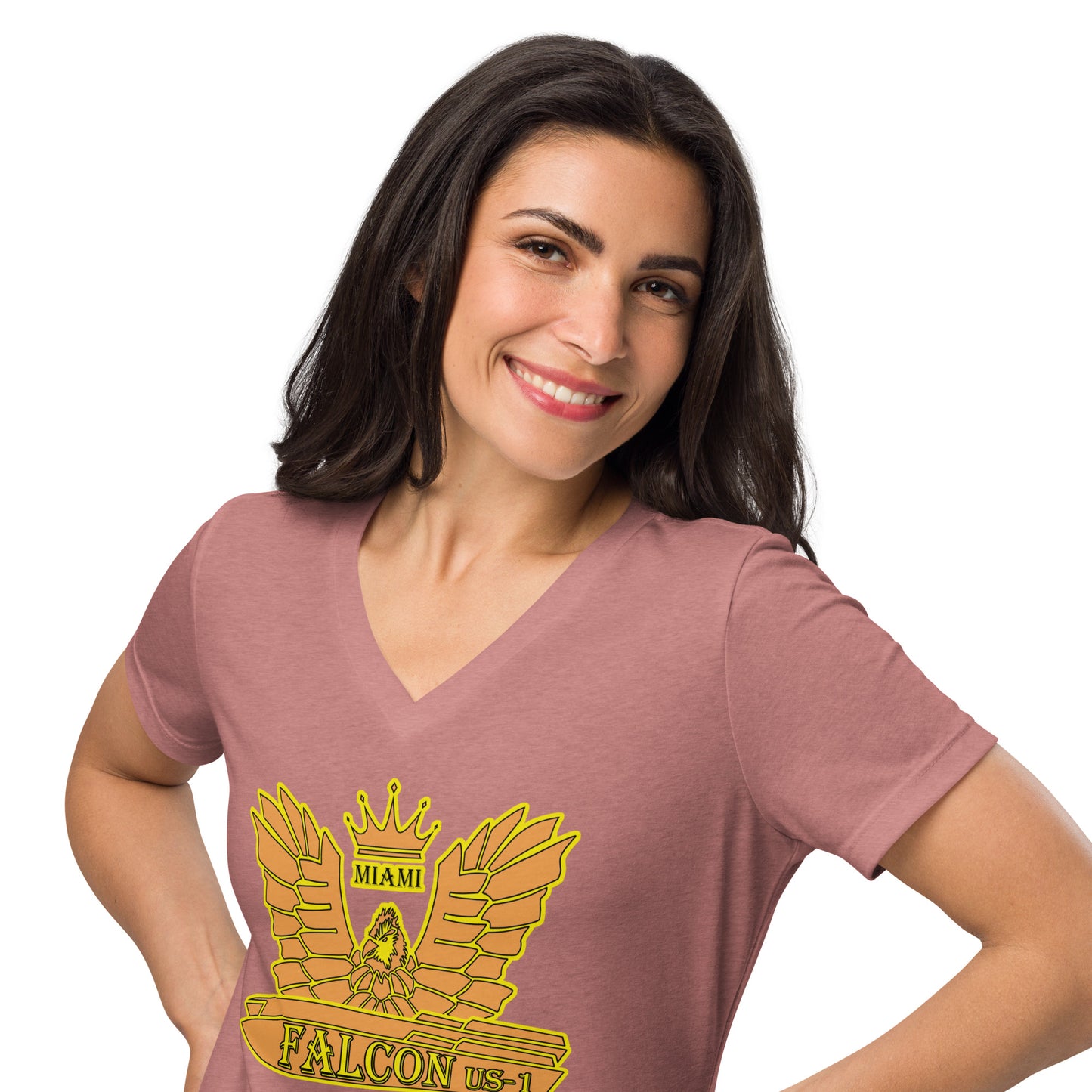 Women’s relaxed v-neck t-shirt - Gold Falcon US-1 Logo