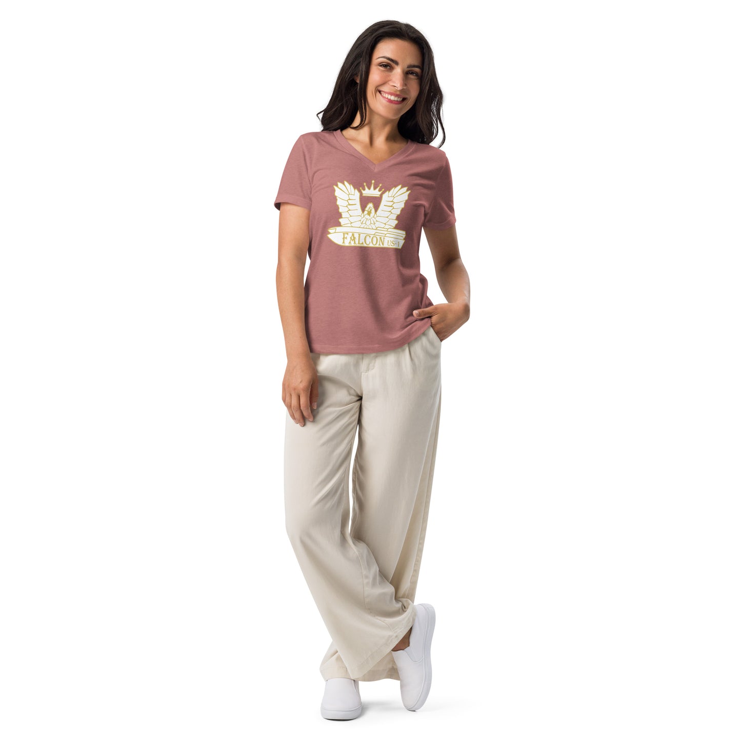 Women’s relaxed v-neck t-shirt-White\Gold Falcon US-1 Logo