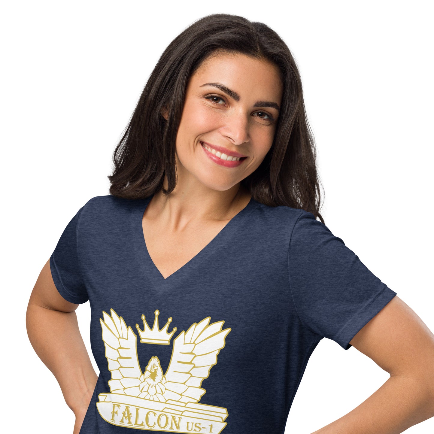 Women’s relaxed v-neck t-shirt-White\Gold Falcon US-1 Logo