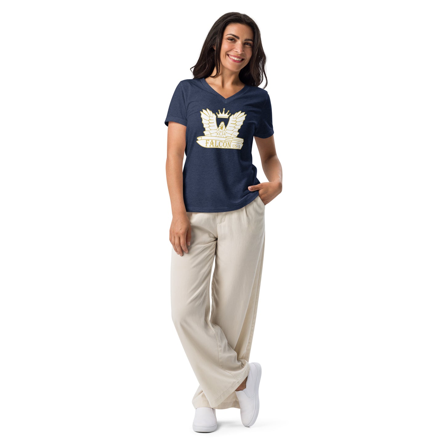 Women’s relaxed v-neck t-shirt-White\Gold Falcon US-1 Logo