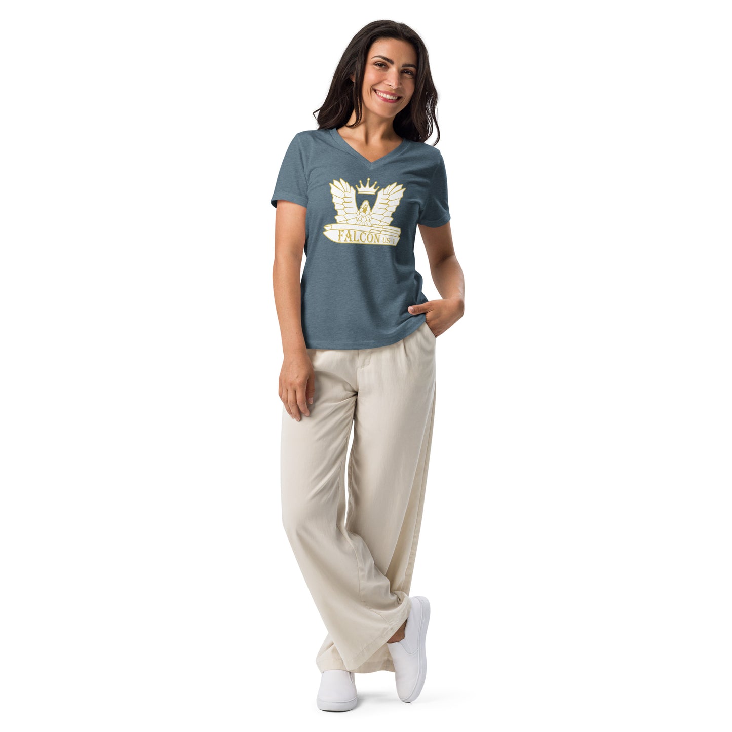 Women’s relaxed v-neck t-shirt-White\Gold Falcon US-1 Logo