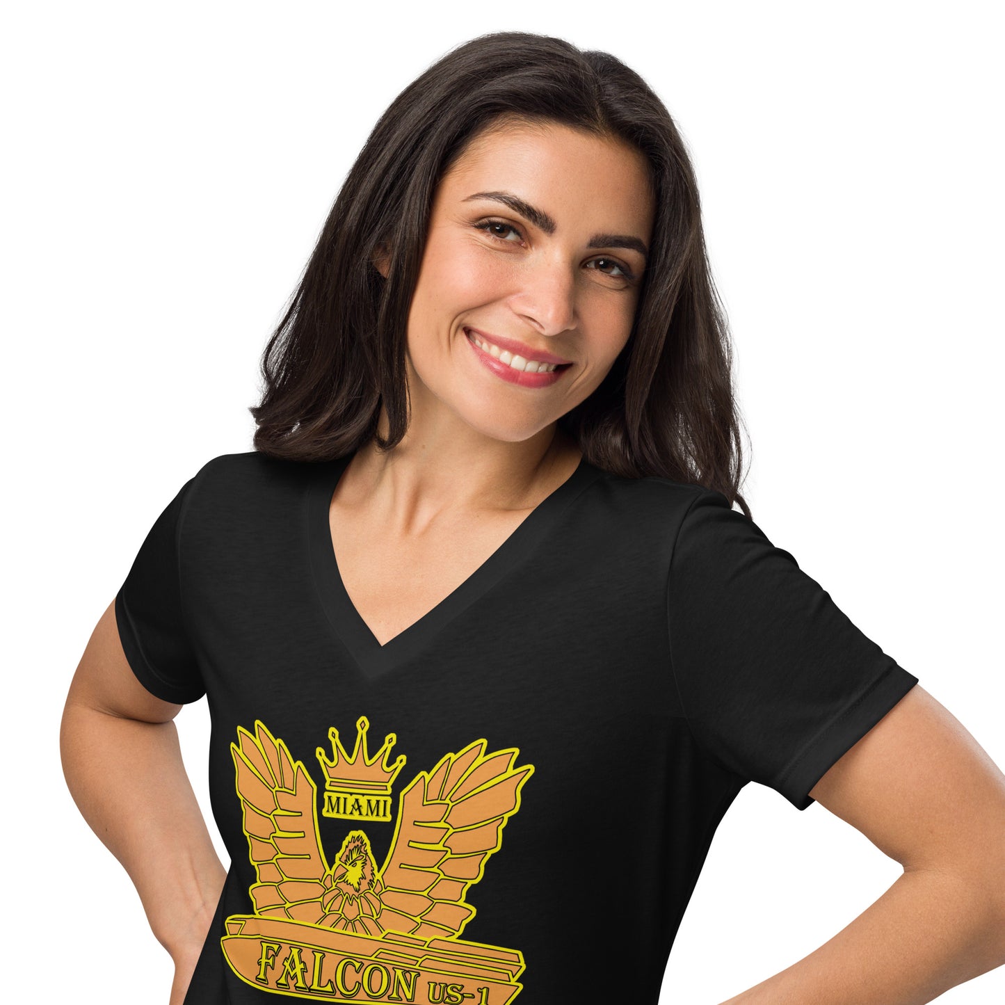 Women’s relaxed v-neck t-shirt - Gold Falcon US-1 Logo