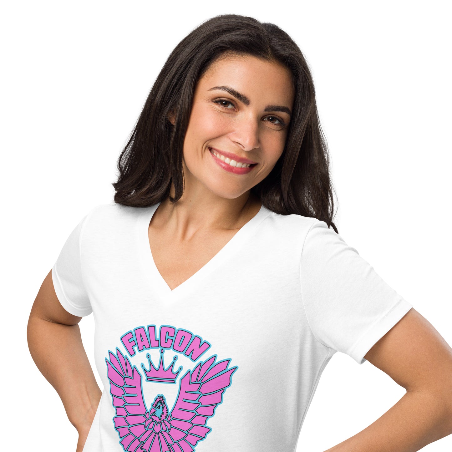 Women’s relaxed v-neck t-shirt- Retro Pink Falcon US-1 Logo