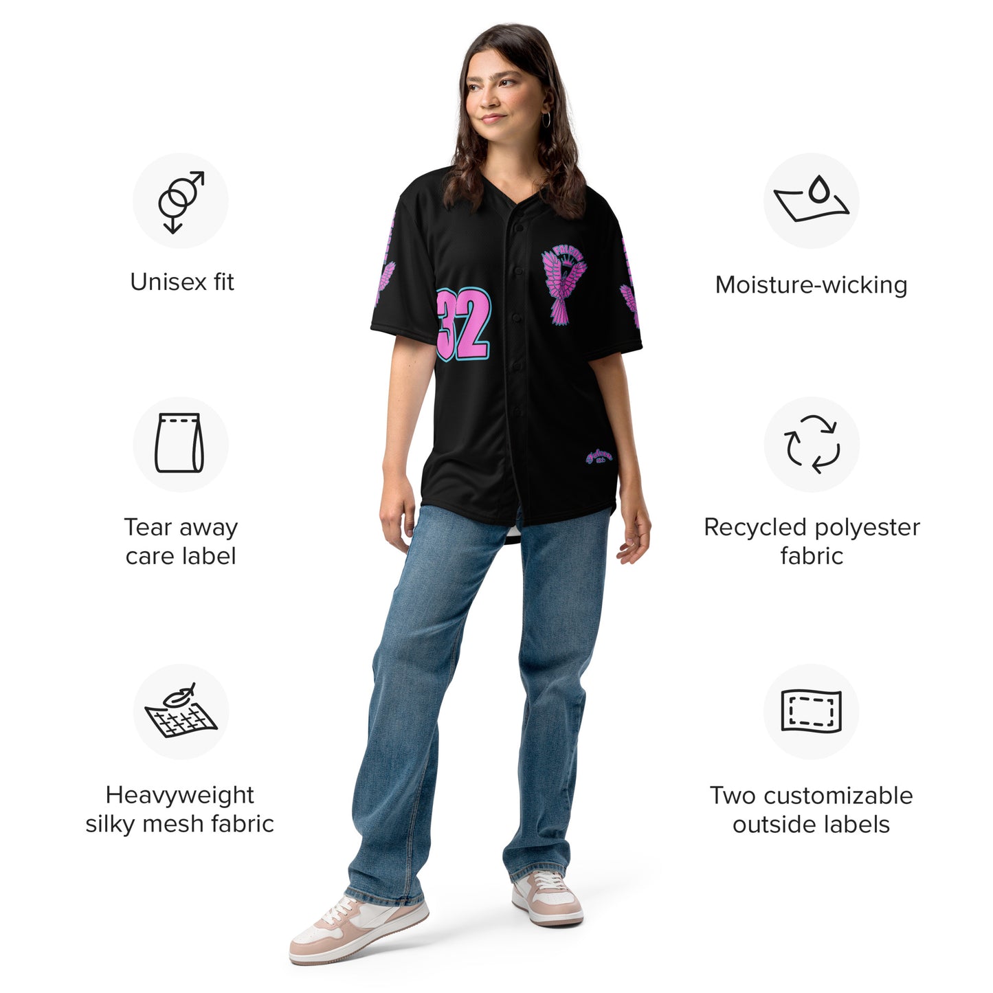 Recycled baseball jersey- Retro\Pink Falcon Logo on Black