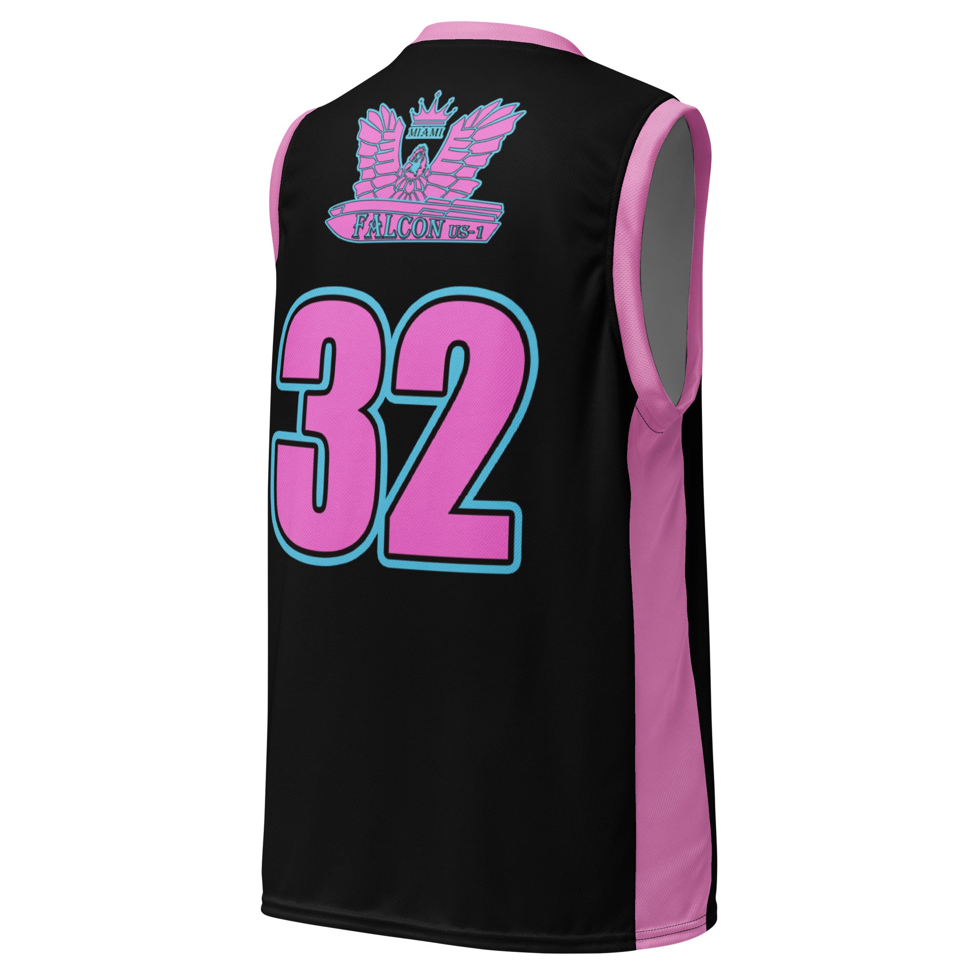 Recycled unisex basketball jersey Pink Retro Falcon Logo on Black Falcon US 1