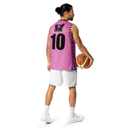 Recycled unisex basketball jersey- Black Falcon Logo on Pink