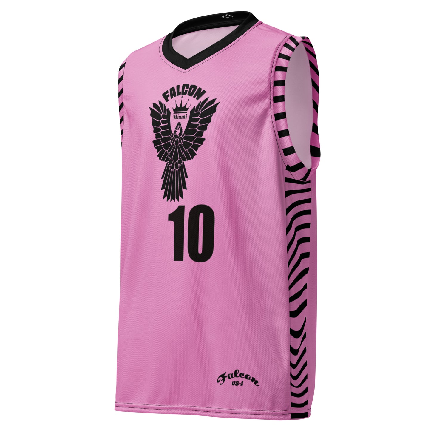 Recycled unisex basketball jersey- Black Falcon Logo on Pink