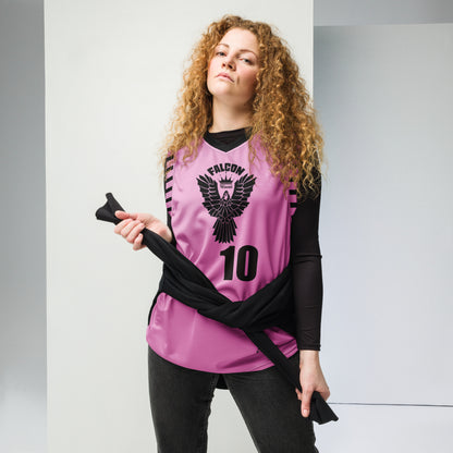Recycled unisex basketball jersey- Black Falcon Logo on Pink