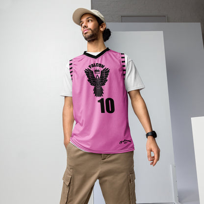 Recycled unisex basketball jersey- Black Falcon Logo on Pink