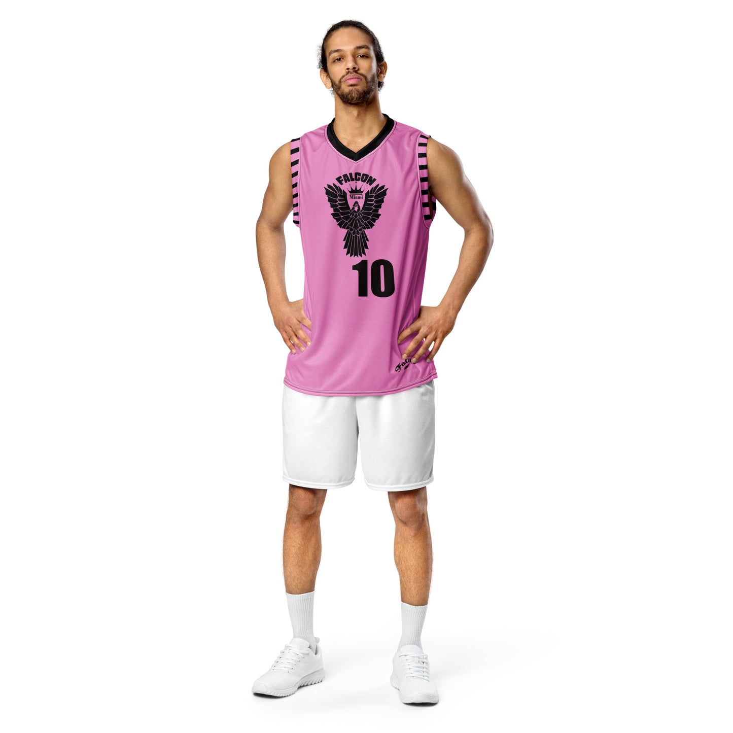 Recycled unisex basketball jersey- Black Falcon Logo on Pink