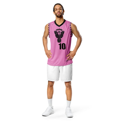 Recycled unisex basketball jersey- Black Falcon Logo on Pink