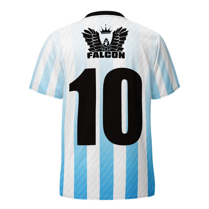 Recycled unisex sports jersey- Black Falcon Logo on White\ Blue