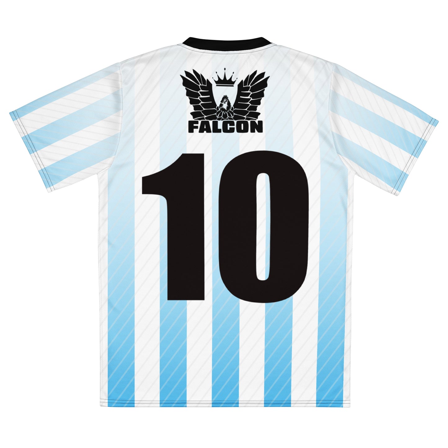 Recycled unisex sports jersey- Black Falcon Logo on White\ Blue