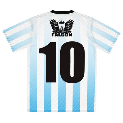 Recycled unisex sports jersey- Black Falcon Logo on White\ Blue