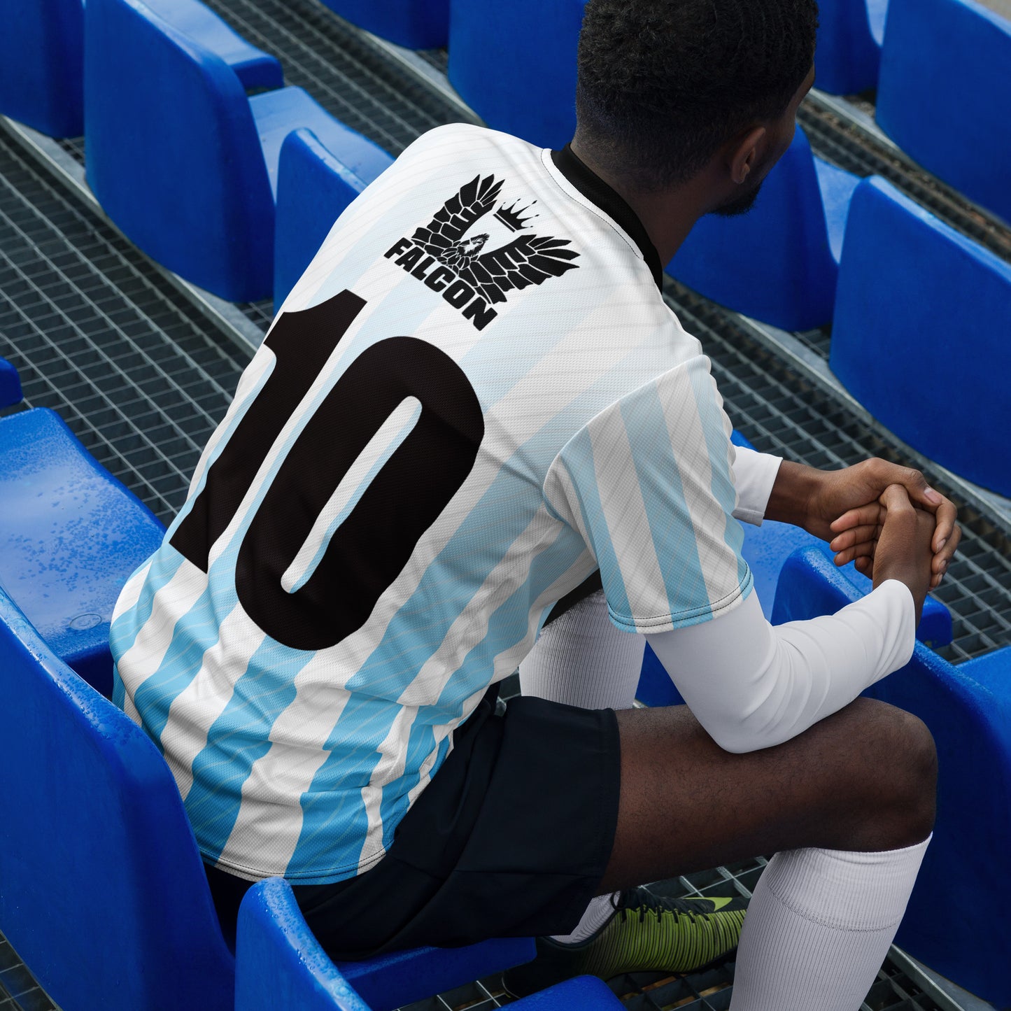 Recycled unisex sports jersey- Black Falcon Logo on White\ Blue