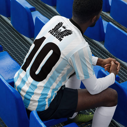Recycled unisex sports jersey- Black Falcon Logo on White\ Blue