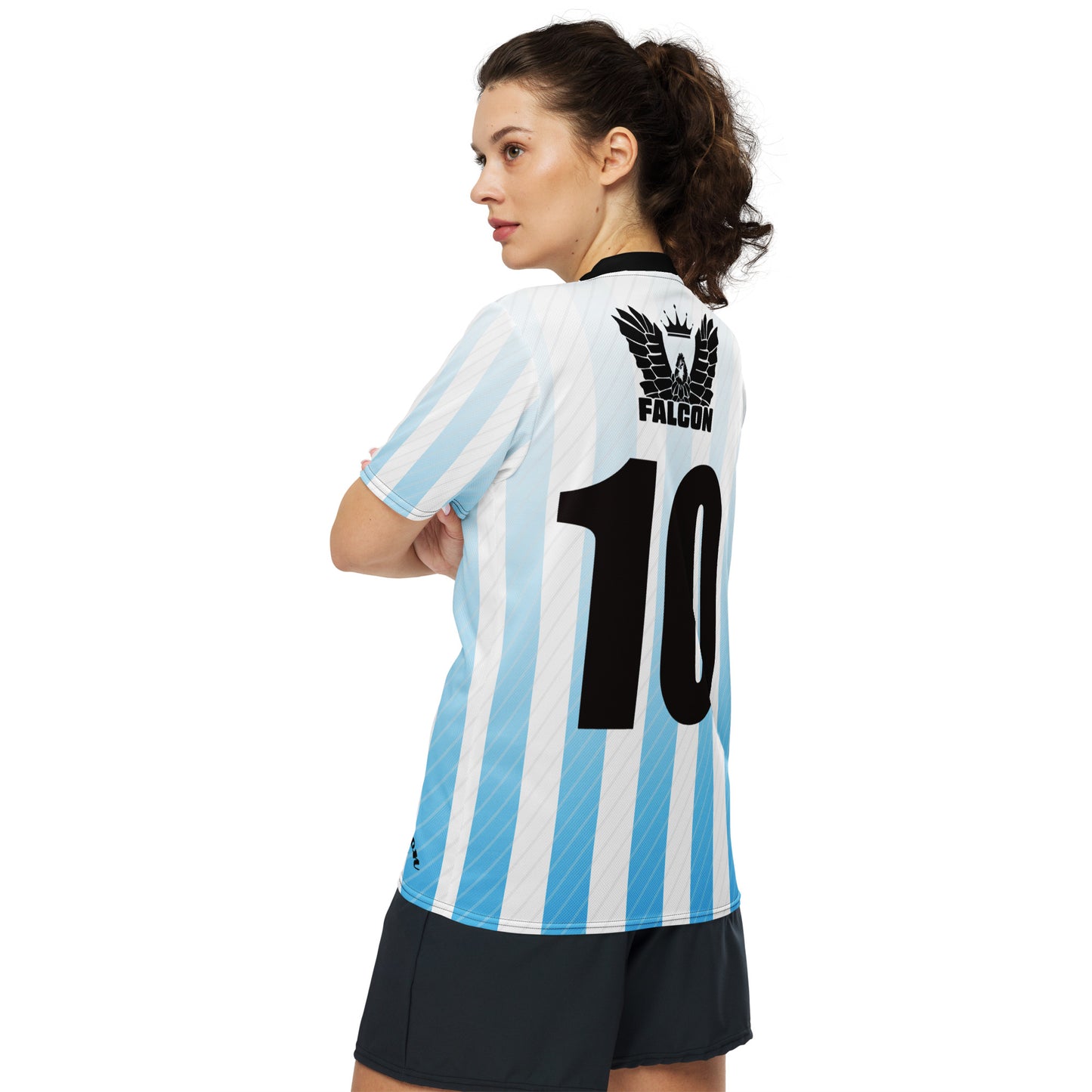 Recycled unisex sports jersey- Black Falcon Logo on White\ Blue