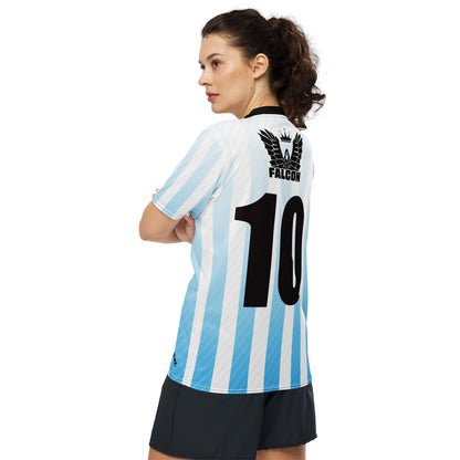 Recycled unisex sports jersey- Black Falcon Logo on White\ Blue