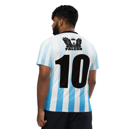 Recycled unisex sports jersey- Black Falcon Logo on White\ Blue