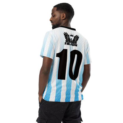 Recycled unisex sports jersey- Black Falcon Logo on White\ Blue