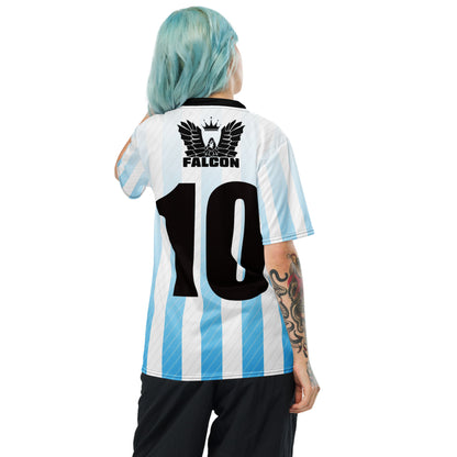 Recycled unisex sports jersey- Black Falcon Logo on White\ Blue