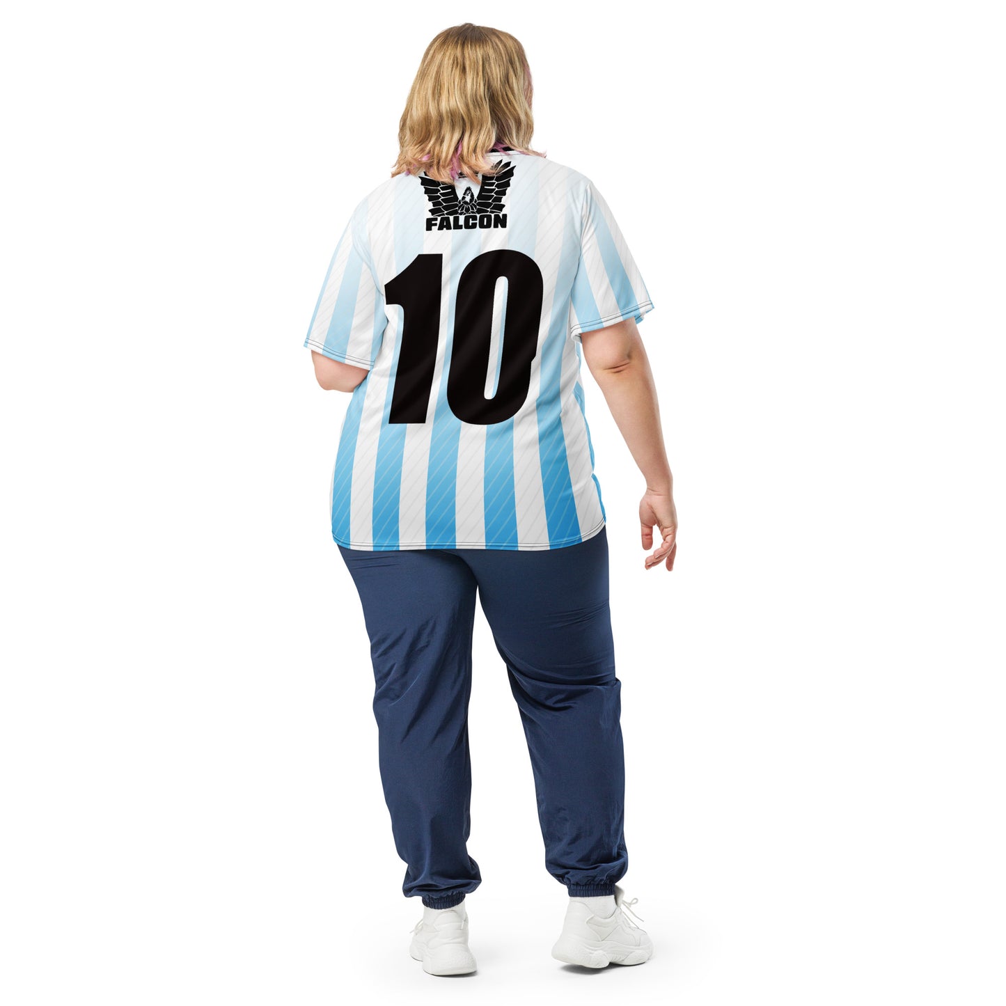 Recycled unisex sports jersey- Black Falcon Logo on White\ Blue