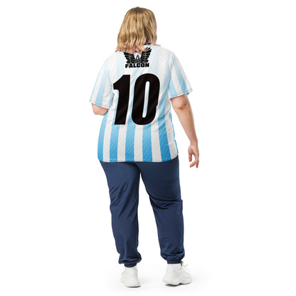 Recycled unisex sports jersey- Black Falcon Logo on White\ Blue
