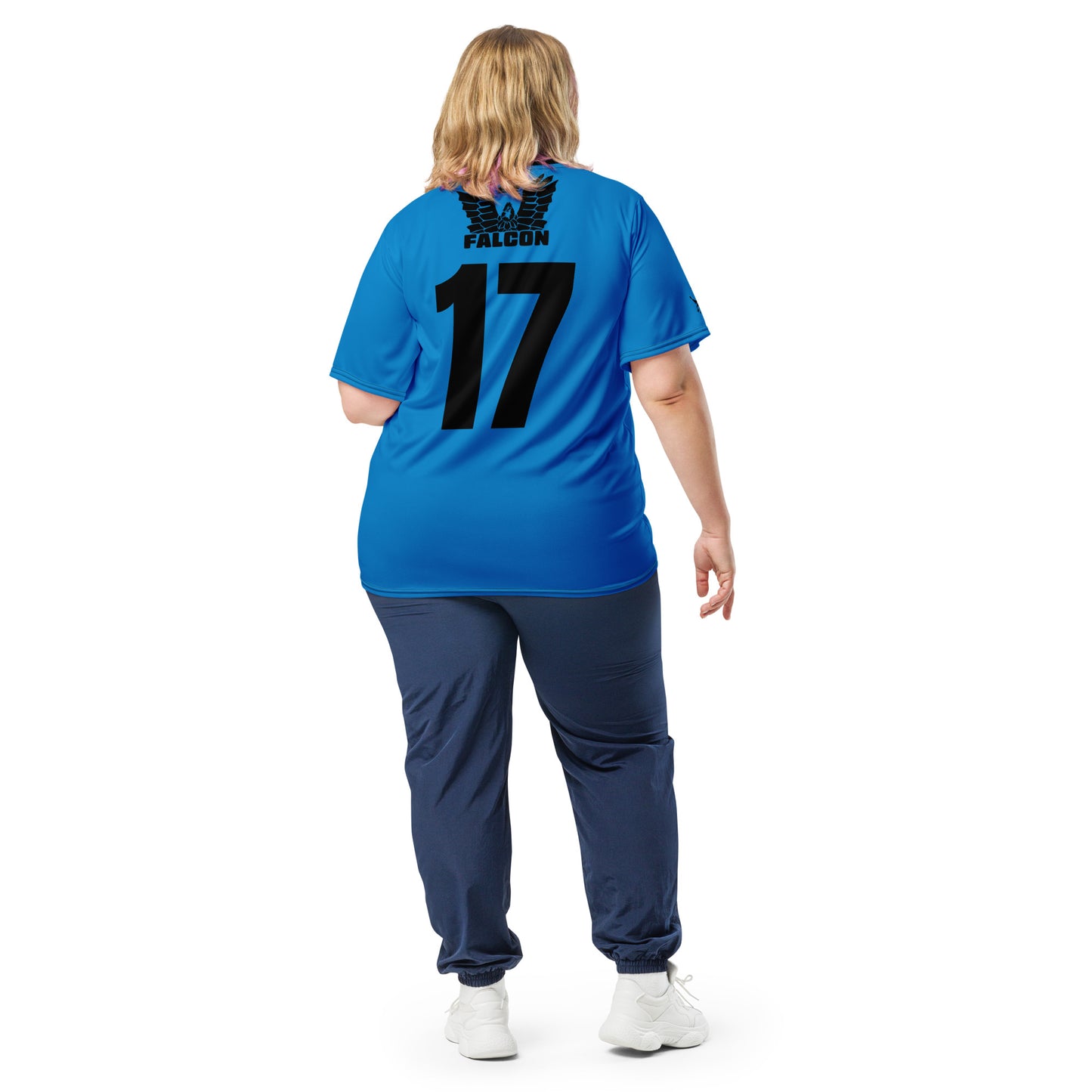 Recycled unisex sports jersey- Black Falcon Logo on Blue