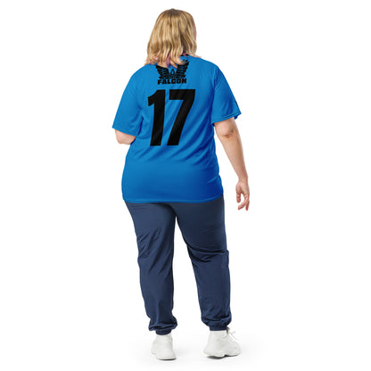 Recycled unisex sports jersey- Black Falcon Logo on Blue