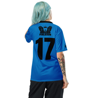 Recycled unisex sports jersey- Black Falcon Logo on Blue