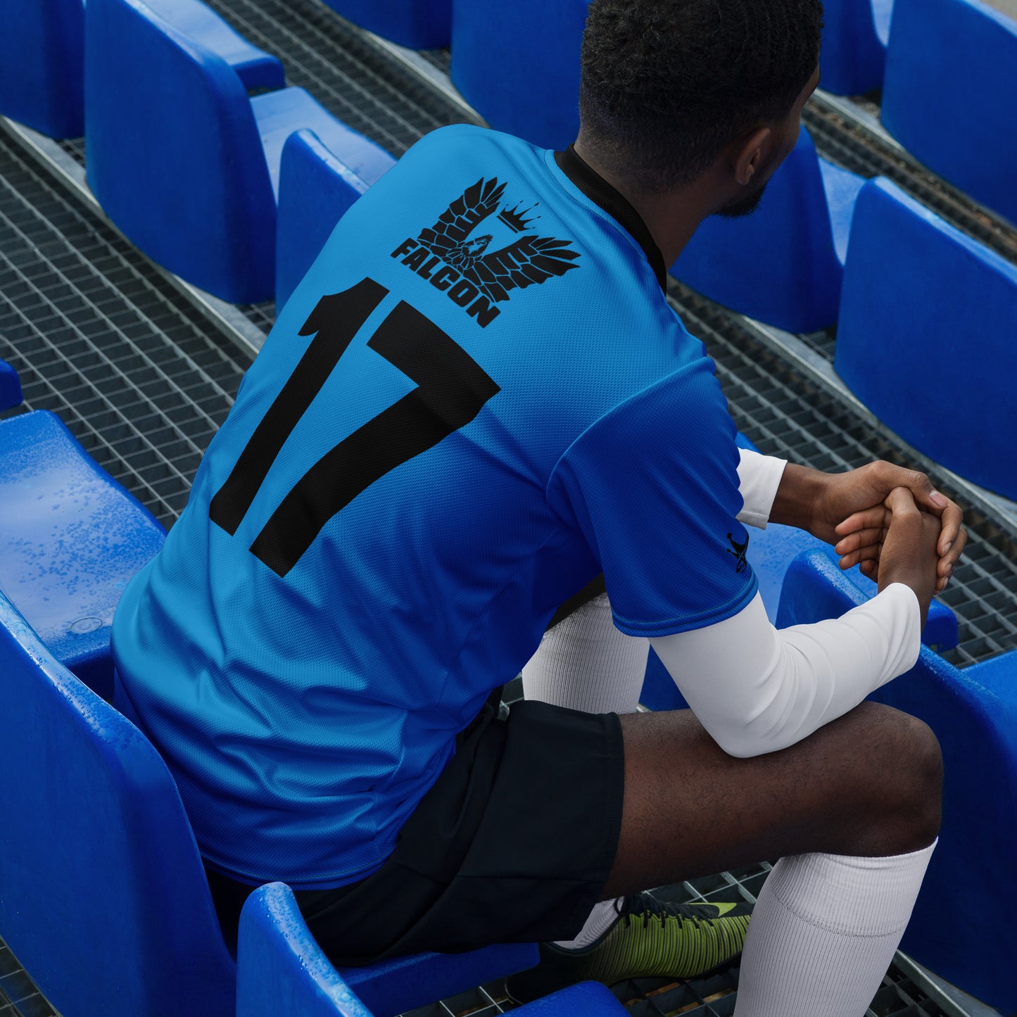 Recycled unisex sports jersey- Black Falcon Logo on Blue