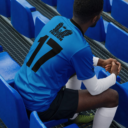 Recycled unisex sports jersey- Black Falcon Logo on Blue