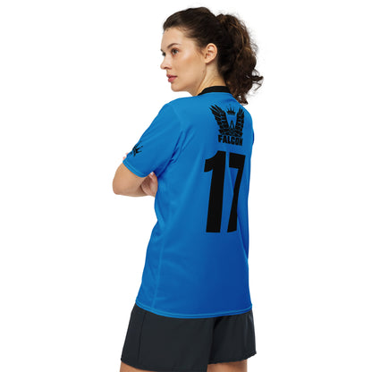 Recycled unisex sports jersey- Black Falcon Logo on Blue