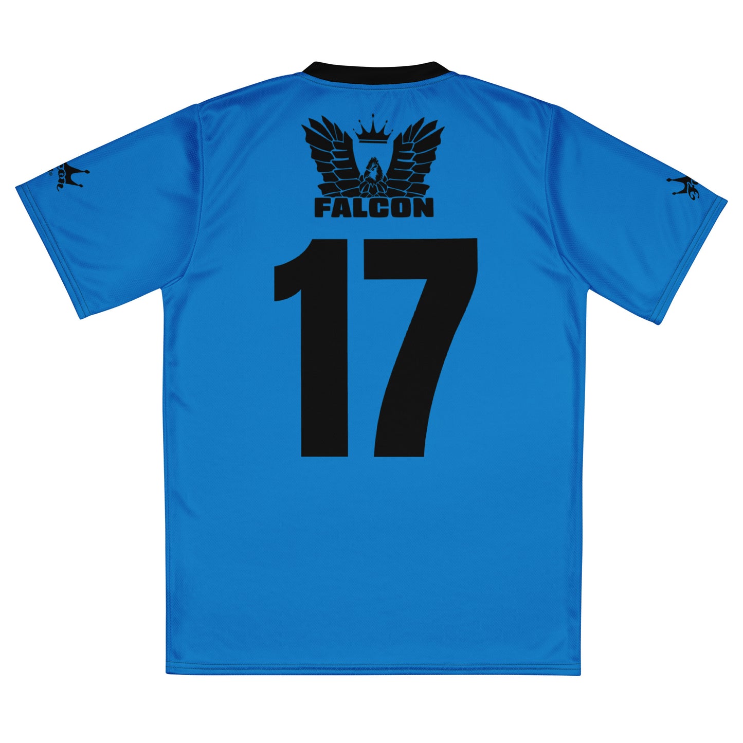 Recycled unisex sports jersey- Black Falcon Logo on Blue
