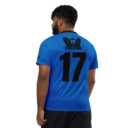 Recycled unisex sports jersey- Black Falcon Logo on Blue