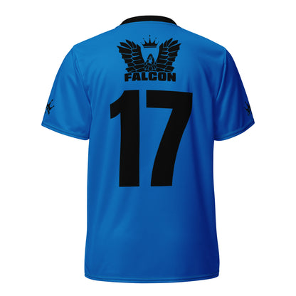 Recycled unisex sports jersey- Black Falcon Logo on Blue