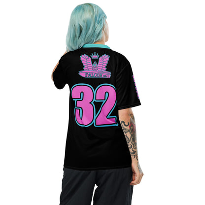 Recycled unisex sports jersey- Pink Falcon Logo- on Black