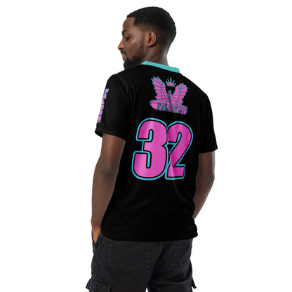 Recycled unisex sports jersey- Pink Falcon Logo- on Black