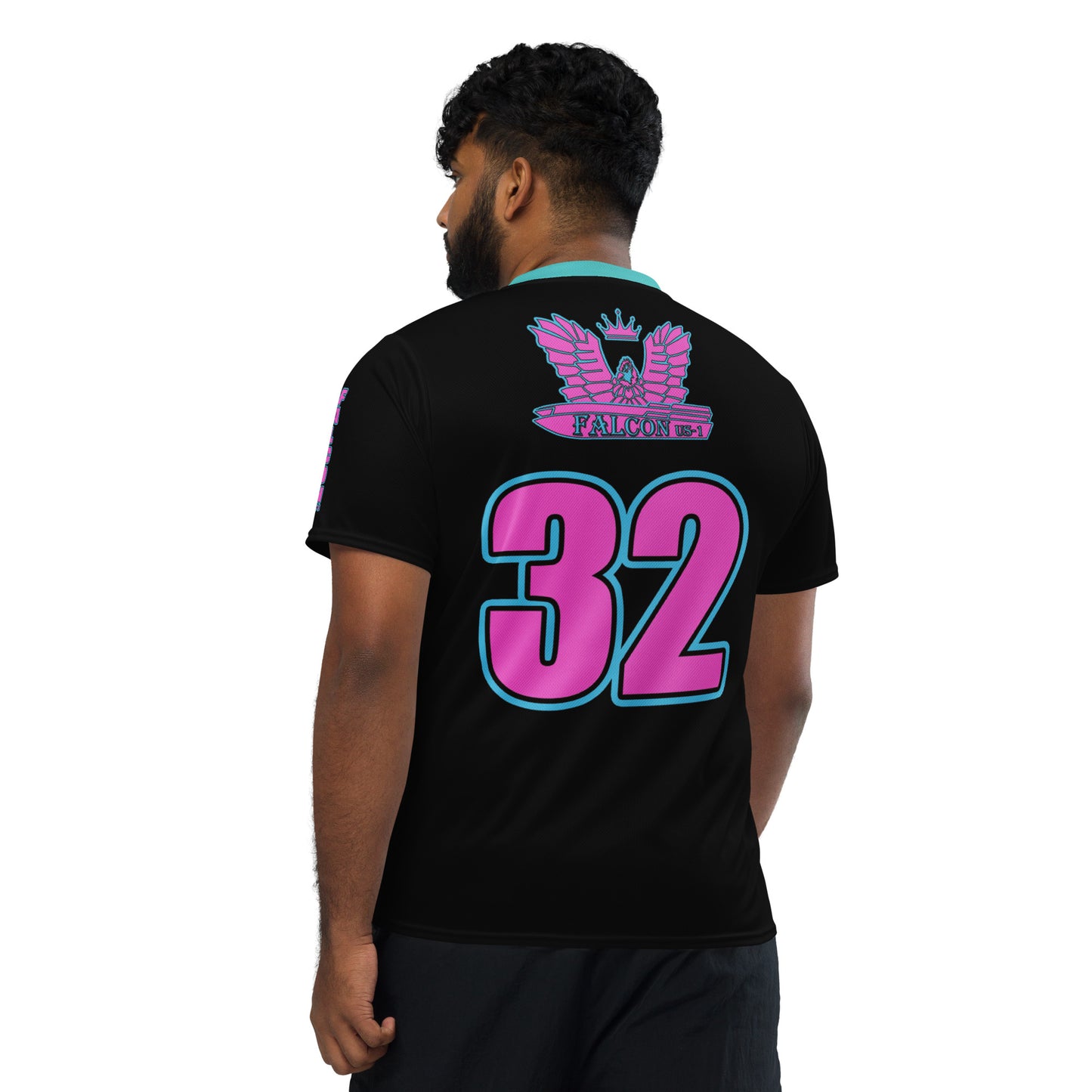 Recycled unisex sports jersey- Pink Falcon Logo- on Black