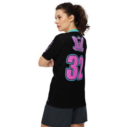 Recycled unisex sports jersey- Pink Falcon Logo- on Black