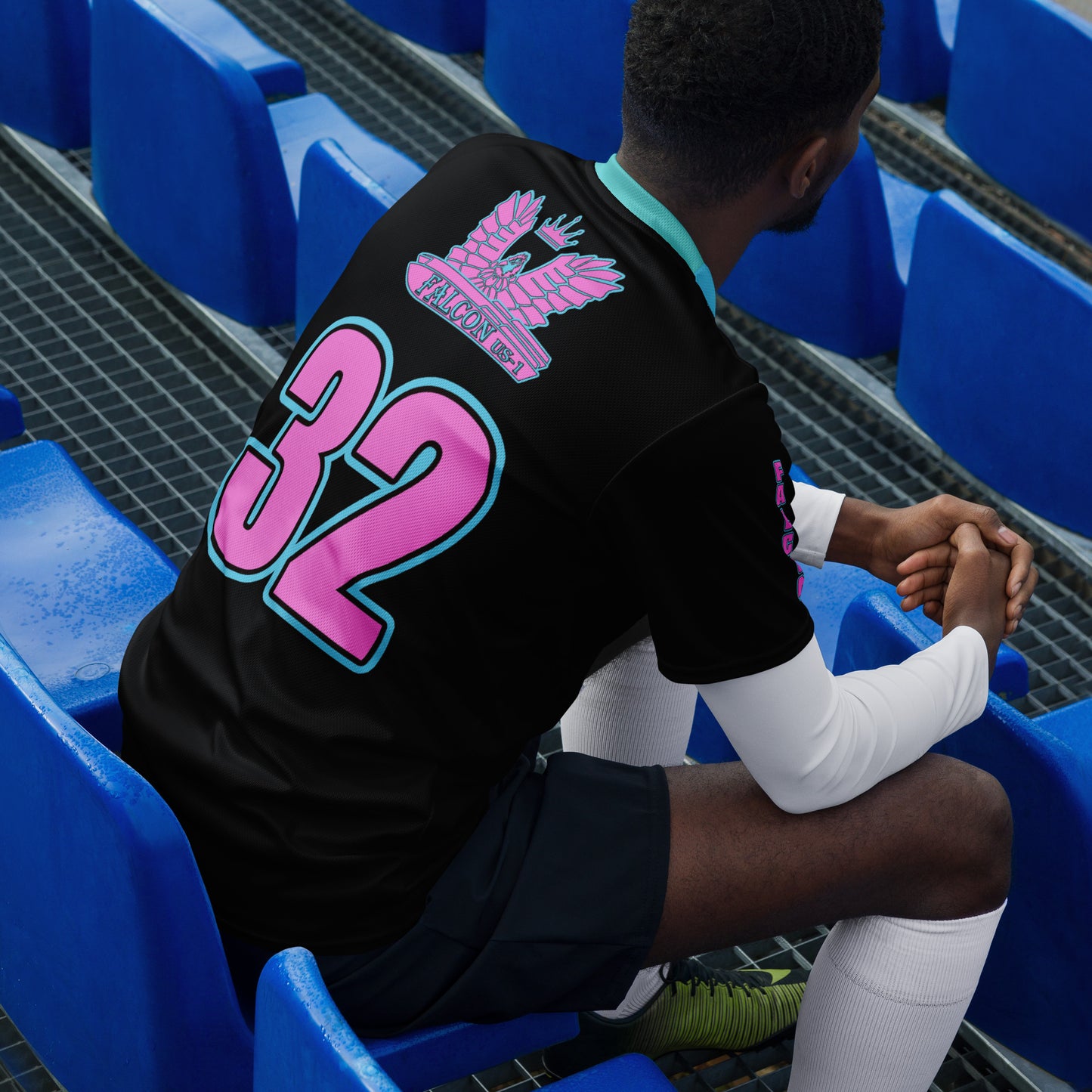 Recycled unisex sports jersey- Pink Falcon Logo- on Black