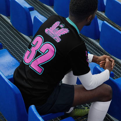 Recycled unisex sports jersey- Pink Falcon Logo- on Black