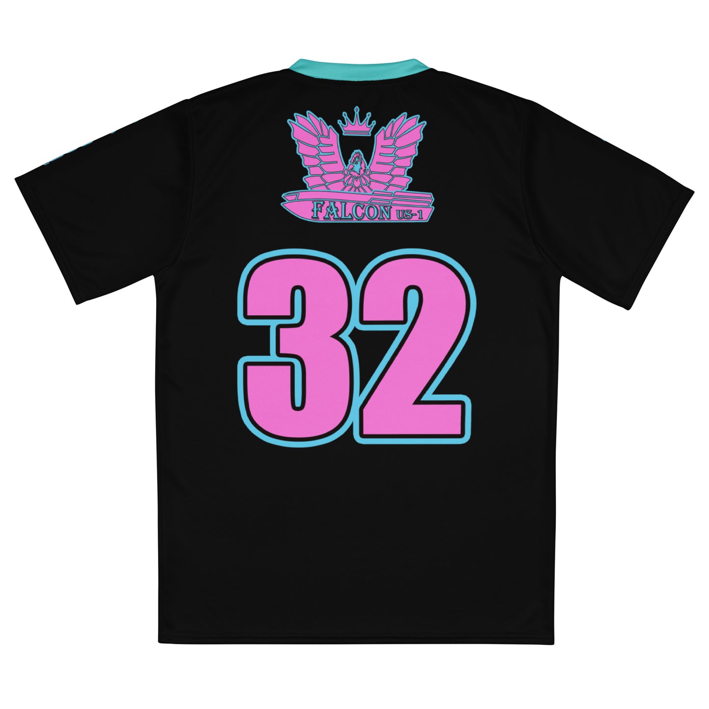 Recycled unisex sports jersey- Pink Falcon Logo- on Black