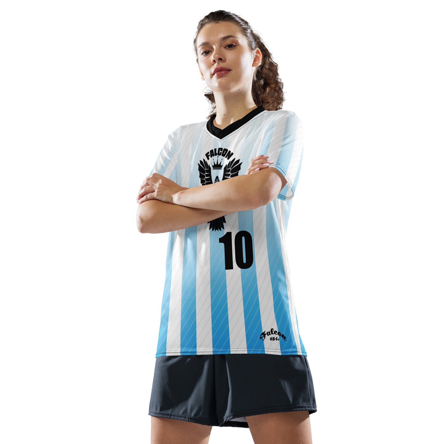 Recycled unisex sports jersey- Black Falcon Logo on White\ Blue