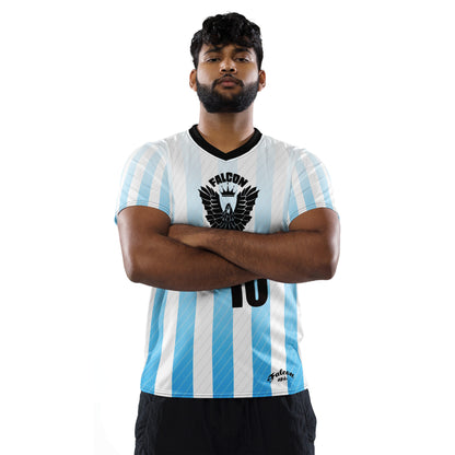 Recycled unisex sports jersey- Black Falcon Logo on White\ Blue