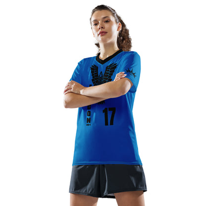 Recycled unisex sports jersey- Black Falcon Logo on Blue