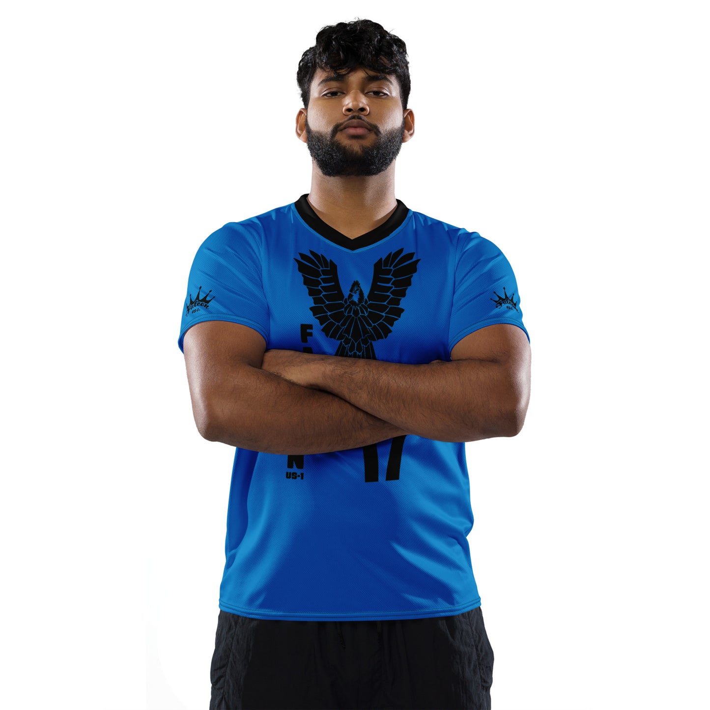 Recycled unisex sports jersey- Black Falcon Logo on Blue