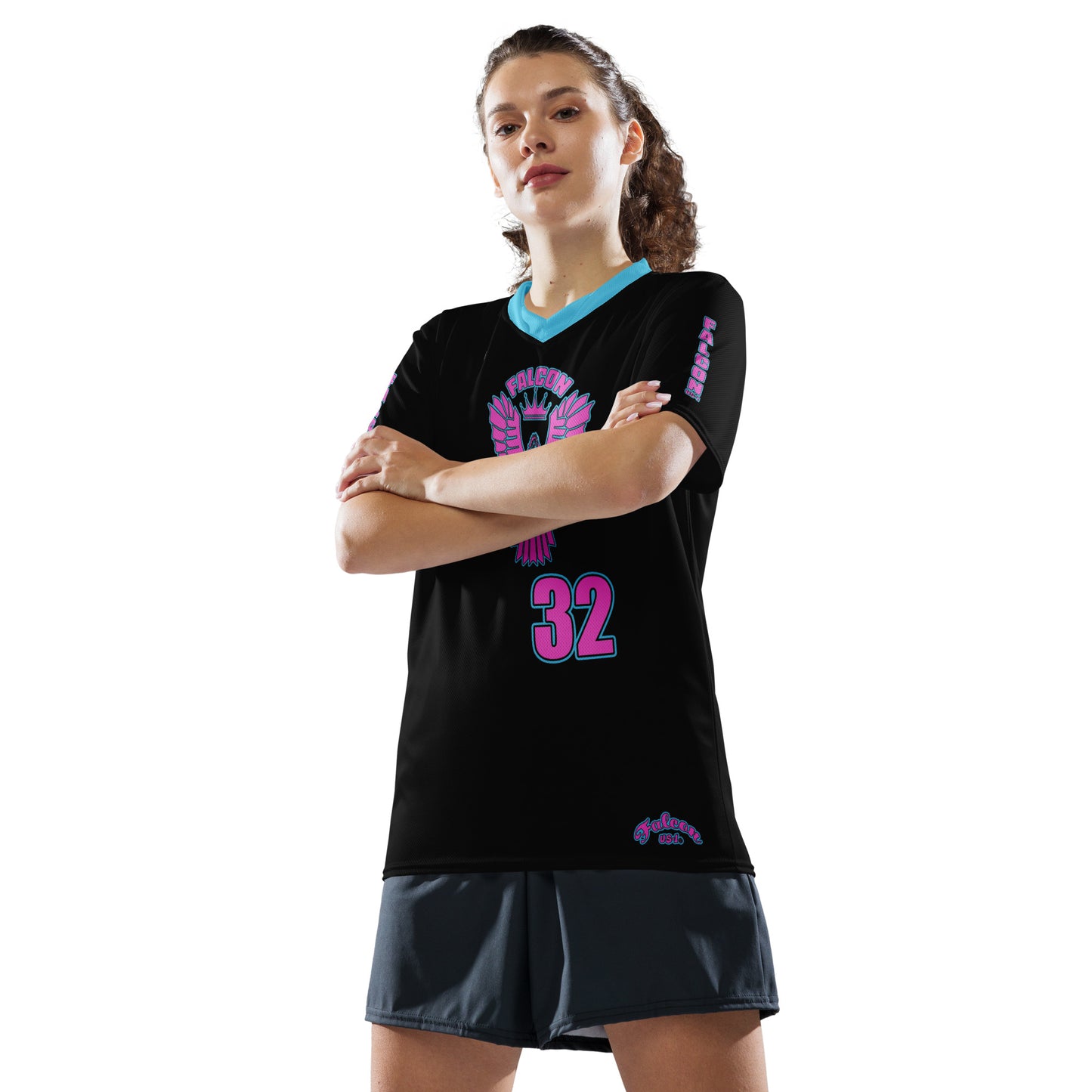 Recycled unisex sports jersey- Pink Falcon Logo- on Black